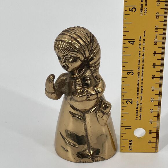 Vintage Gold Brass Bell Sleepy Girl Holding Candle, Made in India - Picture 9 of 10